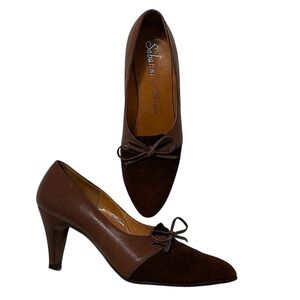 VINTAGE BROWN LEATHER & SUEDE HEELS WITH BOW DETAIL PINUP ITALIAN LEATHER